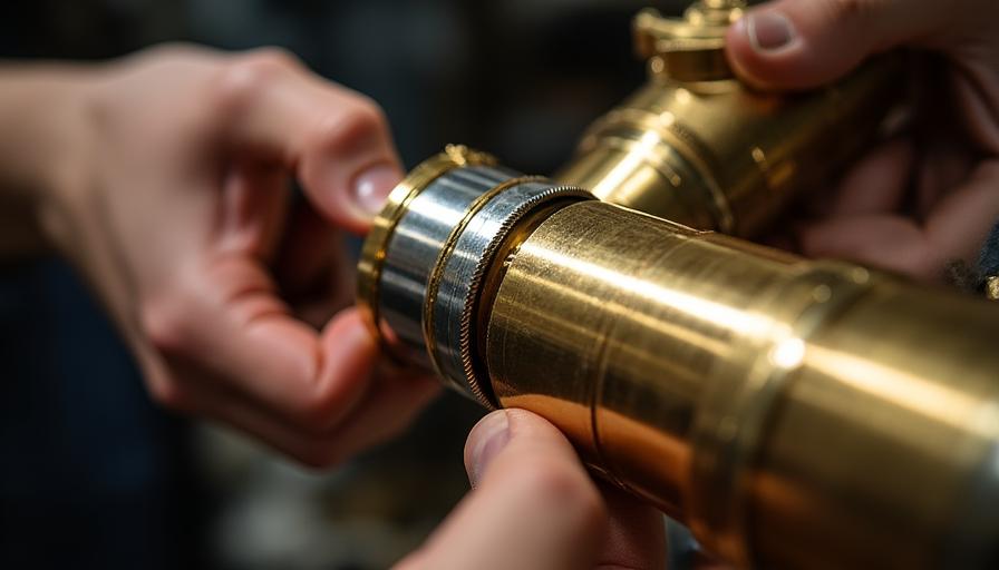 Close-up van een koperen telescoop-onderdeel dat staat voor precisie en zorg